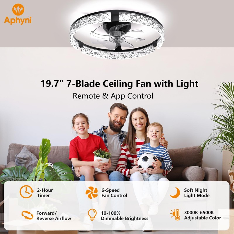Aphyni Ceiling Fans with Lights and Remote, Crystal-Edged Modern Flush