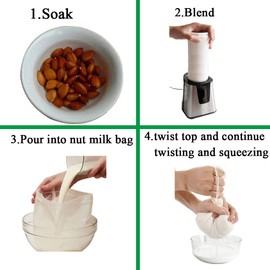 Carrollar Nut Milk Bag, Pro Quality Multiple Usage Reusable Food Strainer, Cold Brew Coffee Bag Cheese Cloth, Ultra Fine Nylon Mesh Food Grade BPA-Free for Almond/Soy Milk, Juice, Coffee, Tea, 12"x12"