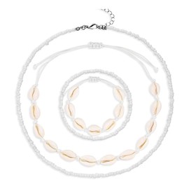 ZORVUJI Muschelkette Damen Set, 4 Stück Boho Schmuck mit Muschel Armband, Verstellbare Halskette und Armband, Sommer Strand Schmuck für Mädchen und Frauen