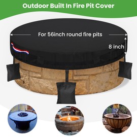 Somivrusa Outdoor Round Fire Pit Cover 600D Oxford Heavy Duty Waterproof Cover for Firepit, 56 inch Durable Windproof Built in Stone Fire Pit Cover Black Firepit Protector