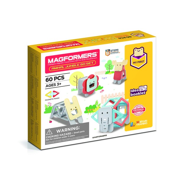MAGFORMERS My First Animal Jumble 60 Piece Set, Pastel Colors - Educational Magnetic Geometric Shapes, Tiles, Building STEM Toy Set, Ages 3+