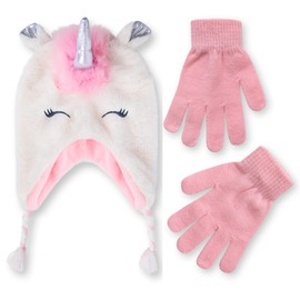 Kids Winter Hat and Kids Gloves Set for Girls & Boys Ages 4-7 Years Old + Ear Flaps Chin Strap (Pink/White Unicorn - Gloves)