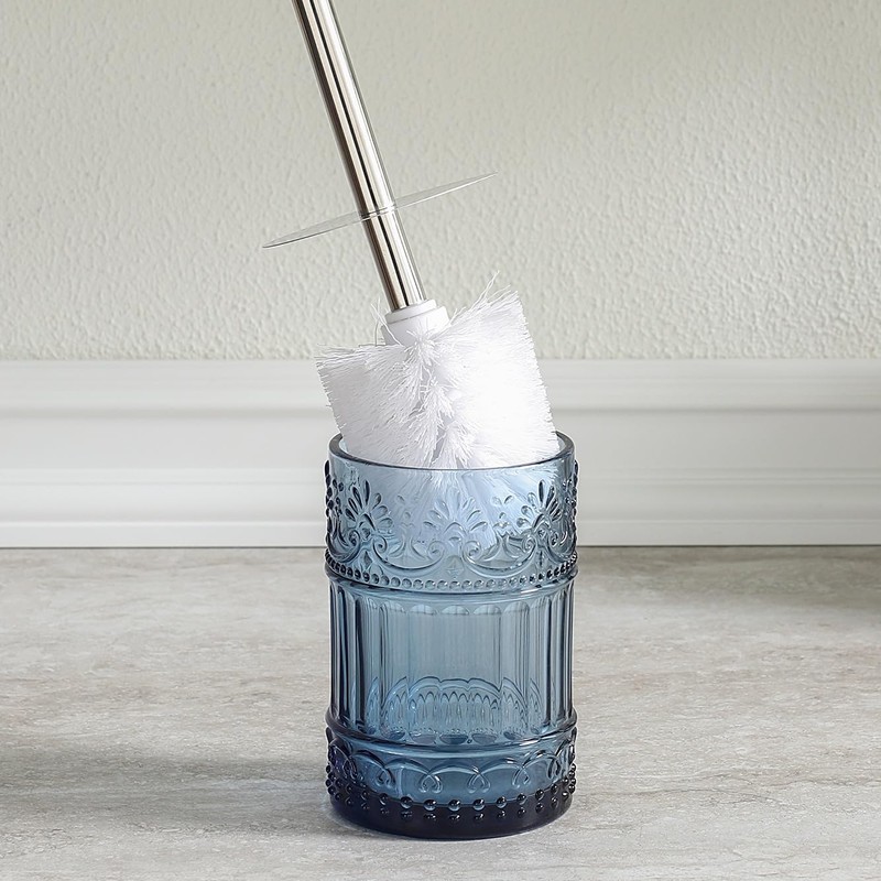 Decorative Glass Toilet Brush and Holder Set, 14.8 inch Height,