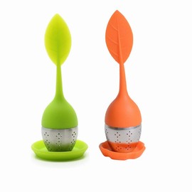 Filtro de infusor de té, mango de silicona, colador de té suelto con forma de hoja para tazas de té, tazas y teteras (verde naranja)