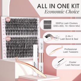 Miuffue Lash Extension Kit 260 PCS Individual Cluster Kit Eyelash Extension Kit Lash Bond and Seal Glue Remover with Eyelash Tweezers (20D+30D, C Curl)