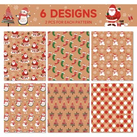 Merry Christmas Brown Wrapping Paper 6 Folded 20"x 28" Sheets in 6 Designs: 23 sq. ft. ttl- Gift Wrap From Santa Wraped in Snowman Penguin Polka Dots Long Stockings Tree To Surprise Lovely Kids On Holiday Parties Hanukkah