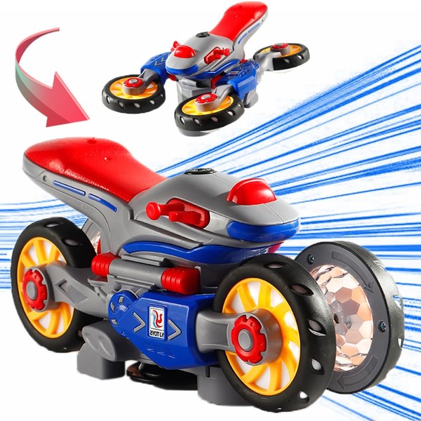 Relogeuhr Car Toys, Motorbike Toy Transformer Car with Music & LED Light, 360°Rotating 4WD Stunt Car, Double Sided Rotating Off Road Motorcycle for Boys and Girls Birthday Gifts