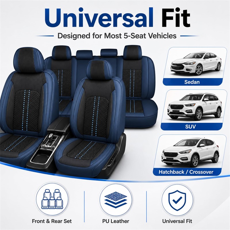 SecosAutoparts 5-Seat Car Seat Covers Full Set Microfiber Leather Waterproof