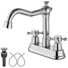 Aolemi 4 Inch Centerset Bathroom Sink Faucet Vintage 2 Cross Handles RV Mixer Tap Basin Vanity Lavatory Utility for Sink 3 Hole Include Water Hose Pop Up Drain with Metal Cover Polish Chrome