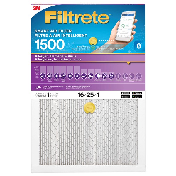 Filtrete 16x25x1 Smart Furnace Filter, MPR 1500 MERV 12, 1-Inch Allergen, Bacteria and Virus Air Filters for ACs and Furnaces, 1 Filter