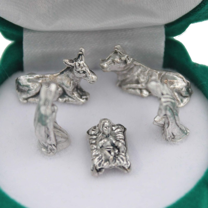 Miniature Nativity Metal Figures in Tree Gift Box Christmas Decoration