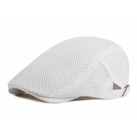 Folmywy Men's White Mesh Flat Hat Breathable Newsboy Hat Beret Hat Ivy Cap Hunting Hats Summer Adjustable Fit Cabbie Trucker Driving Plain Cotton