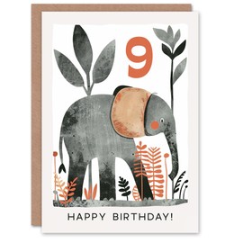 Artery8 Birthday Card Elephant Safari Nature Animal Cartoon Cute 9th 9 Year Old For Child Kids Son Daughter Greeting Card
