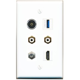 RiteAV Coax HDMI 2 RCA-White TOSLINK USB-3 Flat/Solid Wall Plate [White]