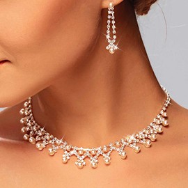 ACEDRE Pearl Rhinestone Jewelry Set Wedding Brides Necklace and Earring Sets 1920s Diamond Silver for Women