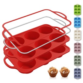2 Packs 6 Cups Silicone Muffin Pan with Metal Reinforced Frame Jumbo Size Cupcake Pan Tray Egg Bites Silicone Circle Cookie Molds Muffin Tin Tart Pans Large Big Baking Sheet Set for Breakfast