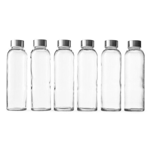Epica 18 oz Clear Glass Bottles with Lids | Natural BPA Free Eco Friendly , Reusable Refillable Water Bottles for Juicing | Wide Mouth Liquid Storage Containers for Refrigerator | Water Bottle Set of 6