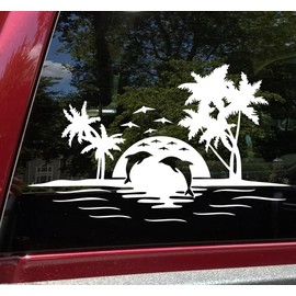 Minglewood Trading Matte Black - Beach Dolphins Palm Trees Scene Vinyl Decal - Ocean Camper RV Travel Trailer Graphics - Die Cut Sticker - 10w x 6h inches