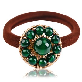 Ezindraw Natural Jade Gemstone Hair Tie, Emerald Jade Hair Elastic Ponytail Rope, Retro Chinese Hair Accessories for Women