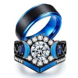 ringheart Couple Rings Black Matching Ring 1.5ct CZ Women Wedding Ring Sets for Him and Her Ring Sets Moon Ring