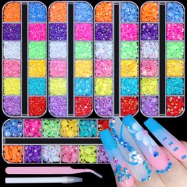 editTime 5 Boxes Shiny Colorful Nail Art Rhinestones Nail Stone Gems Design Kit 2-6mm Flatback Round Jelly AB Nail Gems with a Curved Tweezers and a Nail Brush (Jelly kit)