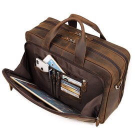 Augus Business Travel Briefcase Genuine Leather Duffel Bags for Men Laptop Bag fits 15.6 inches Laptop YKK Metal Zipper (Dark brown)