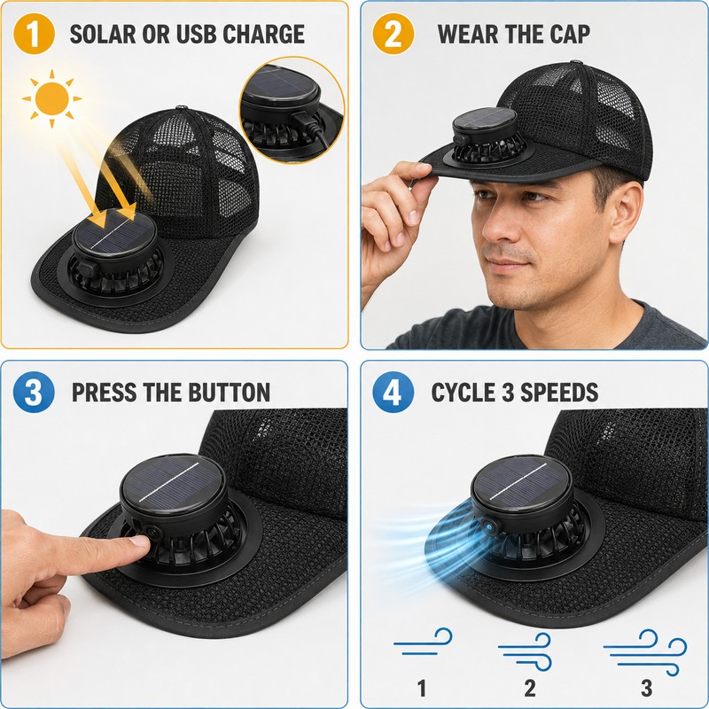 Solar & USB Rechargeable Fan Baseball Cap, 3-Speed Mesh Cooling