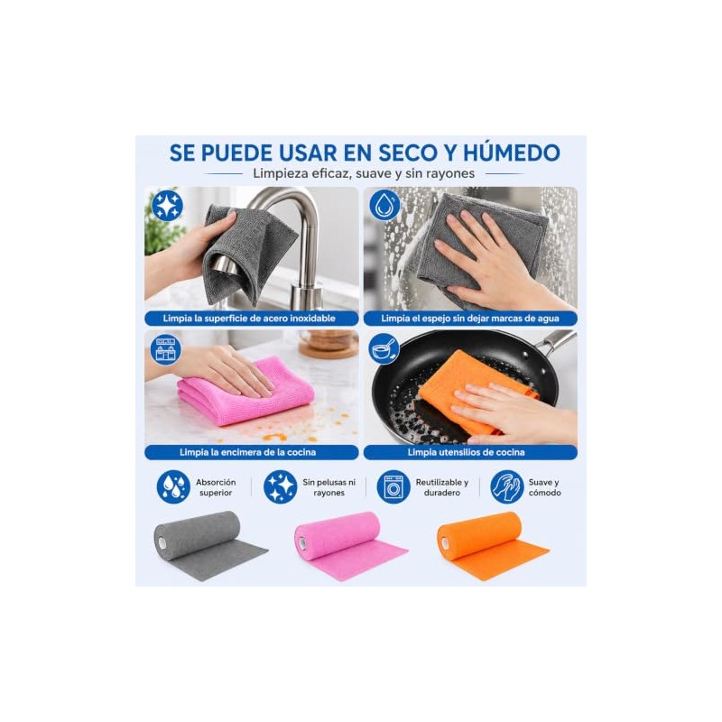 RUISTLI Rollo de Toallas de Microfibra, Paquete de 50, Rollo