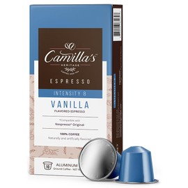 Camilla's Heritage Coffee, Espresso Cups, 60 Flavored Coffee Pods, Espresso Vanilla, Medium Roast, Intensity 8, Single Cup Aluminum Coffee Capsules, Compatible with Nespresso Original, Brews 1.35oz