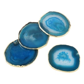 XhuangTech Untersetzer aus blauem Achat mit goldenem Rand, 8–10 cm, 80 g, Naturstein, Getränkeuntersetzer mit rutschfesten Aufklebern für Zuhause/Büro/Schreibtisch/Bar, Weinglas, Kaffee, Tee, 4 Stück