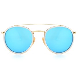 CONRAD RONTGEN - anteojos de sol redondas retro para mujeres y hombres, protección UV400 de doble puente, Lente azul hielo con marco dorado, M