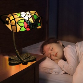 Mini Small Banker Lamp Tiffany Office Desk Lamp Stained Glass Table Lamp Luxury Memory Adjustable Accent Piano Reading Lamp for Living Room Bedroom Library Dragonfly Cast Iron Base,Butterfly