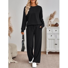 AUTOMET Airport Travel Outfits 2 Piece Lounge Sets for Women Sweat Sweatsuits 2026 Fall Matching Oversized Sweatshirt Wide Leg Pants Fashion Clothes Black S