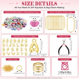 Sosation 8 Set DIY Beaded Brass Key Rings Set Bag Charm Carabiner Key Chain Holder with Large Hole Resin Beads, Gold Carabiner Hooks & 26 Alphabet Charms for Pendant DIY Crafts Jewelry Making
