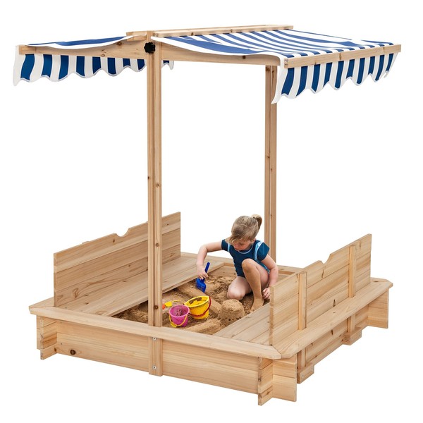 GYMAX Wooden Kids Sandbox, Children Garden Sandpit with Canopy, 2 Foldable Bench Seats, Height Adjustable Tiltable Roof, Outdoor Square Sand Pit for Boys Girls