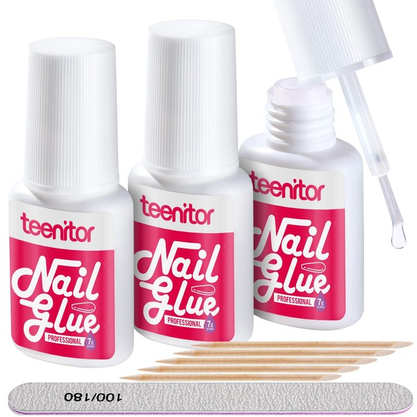 Teenitor Nail Glue for Press Ons, 3 Pack Best Nail Glue for Gel Tips with Nail Files, Super Strong Nail Glue for Broken Nail Brush on Nail Glue for Press on Nails