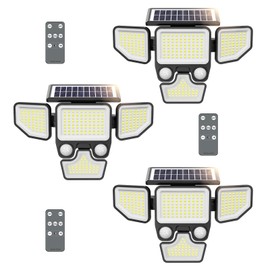 3000LM Solar Lights Outdoor, 4 Heads Solar Security Lights with Remote Control, 180 LEDs IP65 Waterproof Motion Sensor Lights 3 Modes Flood Lights for Wall, Porch, Yard, Outside, 3 Pack