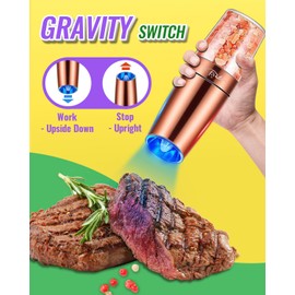Rongyuxuan Electri Gravity Salt and Pepper Grinder Set, Ceramic Rotor, Stainless Steel,Blue LED Light,Battery Powered, Adjustable Coarseness, Support One Hand Use, Ideal partner for kitchens, Copper