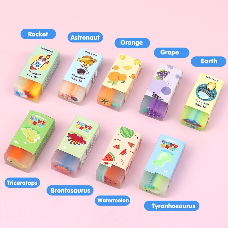 9pcs Plastic Rubber Erasers, Cute Fruit Eraser, Cube Dinosaur Erasers,