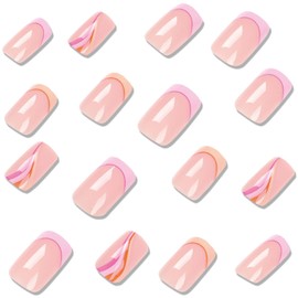Ceboic Pack of 24 False Nails Press On Nails Short, Square French Wave Design Nails for Sticking, Summer Orange Pink Acrylic Fingernails Full Cover Fake Nails Short for Women