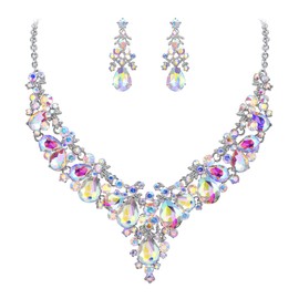 EVER FAITH Women's Crystal Bridal Floral Cluster Teardrop Necklace Earrings Set Iridescent Clear AB Silver-Tone