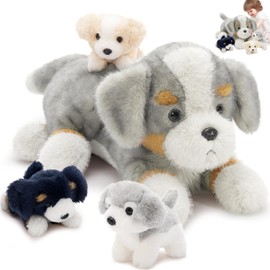Tezituor Australian Shepherd Dog Stuffed Animals with Babies, 24'' Mommy Stuffed Dog with Puppies for Kids, Realistic Border Collie Stuffed Animal for Girl Boy, Plush Dog Toys Gift for Christmas Decor