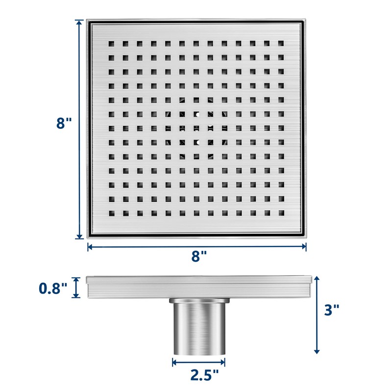 Neodrain 8-Inch Square Shower Drain with Removable Quadrato Pattern Grate,