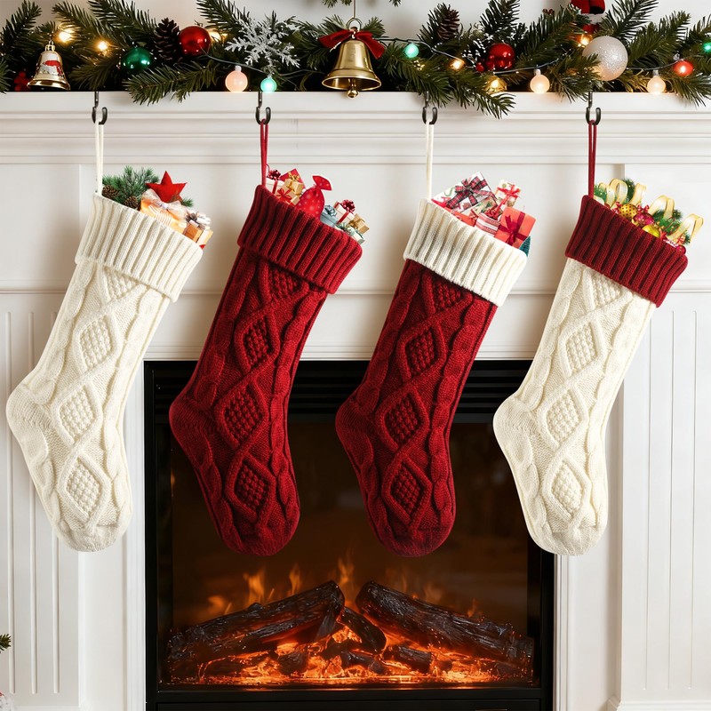 2 Pack 18" Christmas Stockings, Large Knit Socks, Ivory