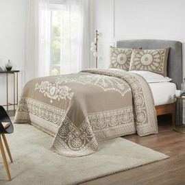 Superior Cotton Blend Bedspread 3-Piece Set, Light Weight Blanket, 2 Matching Pillow Shams, Oversized Bedding, Traditional Bedroom, Jacquard Medallion Decor, Kymbal Collection, Queen, Taupe