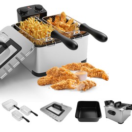 CHEFJOY Electric Deep Fryer with 3 Baskets, 5.3Qt Adjustable Temperature Electric Oil Fryer w/Timer, View Window Lid, Professional Style, Non-Stick Inner Pot Easy to Clean, Deep Fryer for Home Use