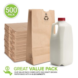 Stock Your Home 6 Lb Kraft Brown Paper Lunch Bags (500 Count) - Bulk Disposable Lunch Sacks, Medium Size Blank Bag, Good for a Snack, Sandwich, Grocery Food, and Arts & Crafts Projects