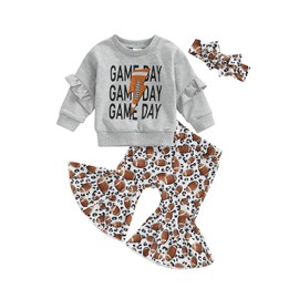 Chloefairy Toddler Baby Girl Football Outfit Game Day Sweatshirt Top Football Bell Bottoms Flare Pants Set 3Pcs Fall Clothes (Gray, 24-36 Months)