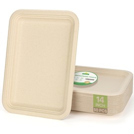 FEHHTO 50 Pack 14 Inch Disposable Food Trays Biodegradable Heavy Duty Large Paper Plates Compostable Sugarcane Platters for Crawfish, Lobster, BBQ Seafood,Party and Holiday Feast