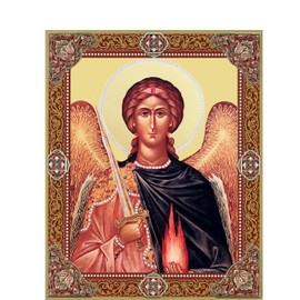 Needzo Archangel Uriel Icon, Orthodox Catholic Christian Icon, Gold Foil Wooden, Wall Hanging With Stand, 4 3/4 Inch